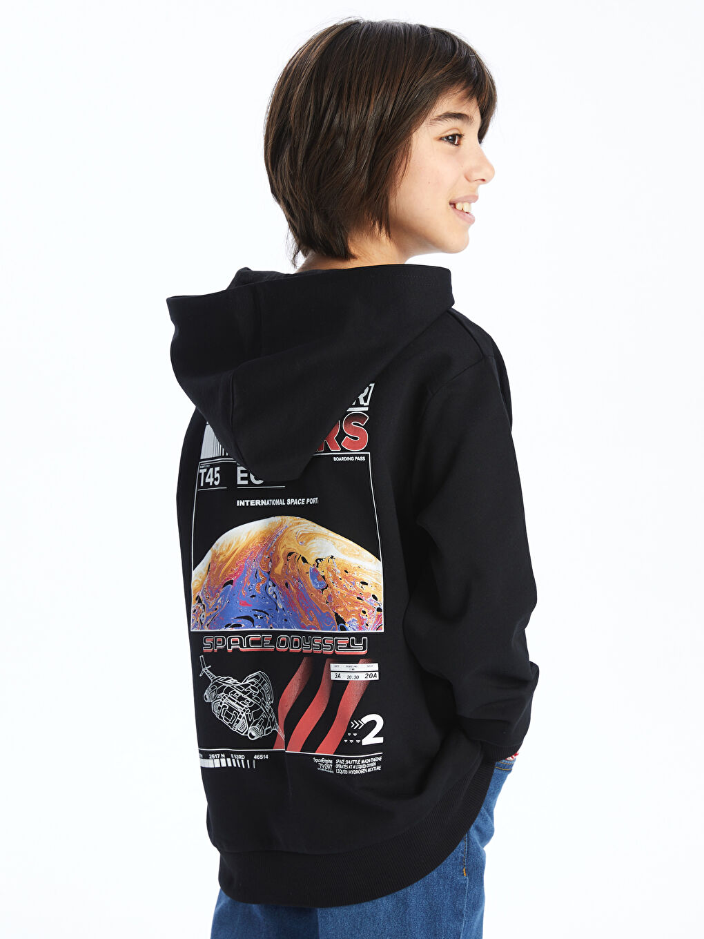 LCW Kids Yeni Siyah Rahat Kalıp Baskılı Erkek Çocuk Hoodie