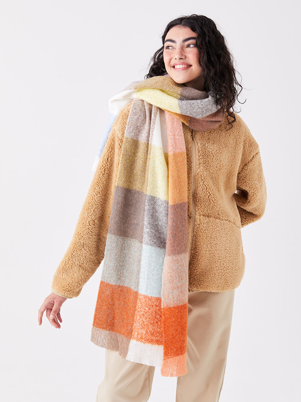 Turuncu Renk Bloklu Kadın Atkı-1