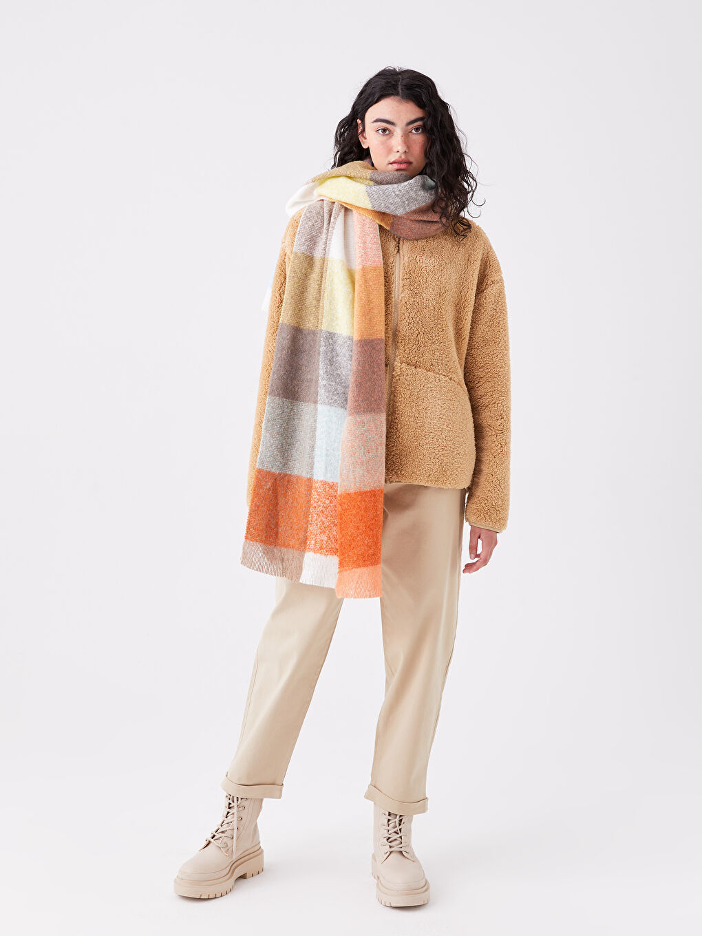 Turuncu Renk Bloklu Kadın Atkı-2