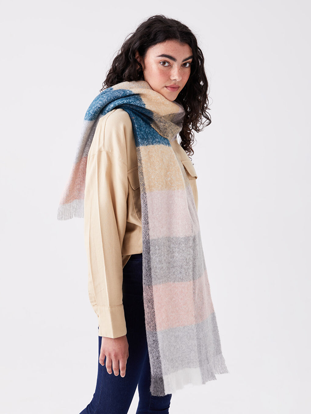 Karışık Renk Bloklu Kadın Atkı