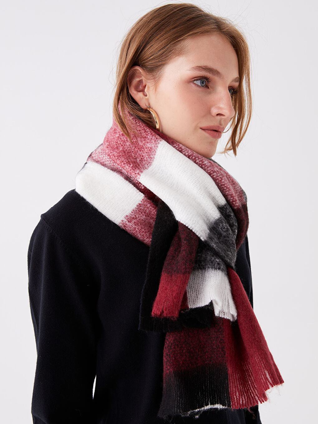 Bordo Renk Bloklu Kadın Atkı