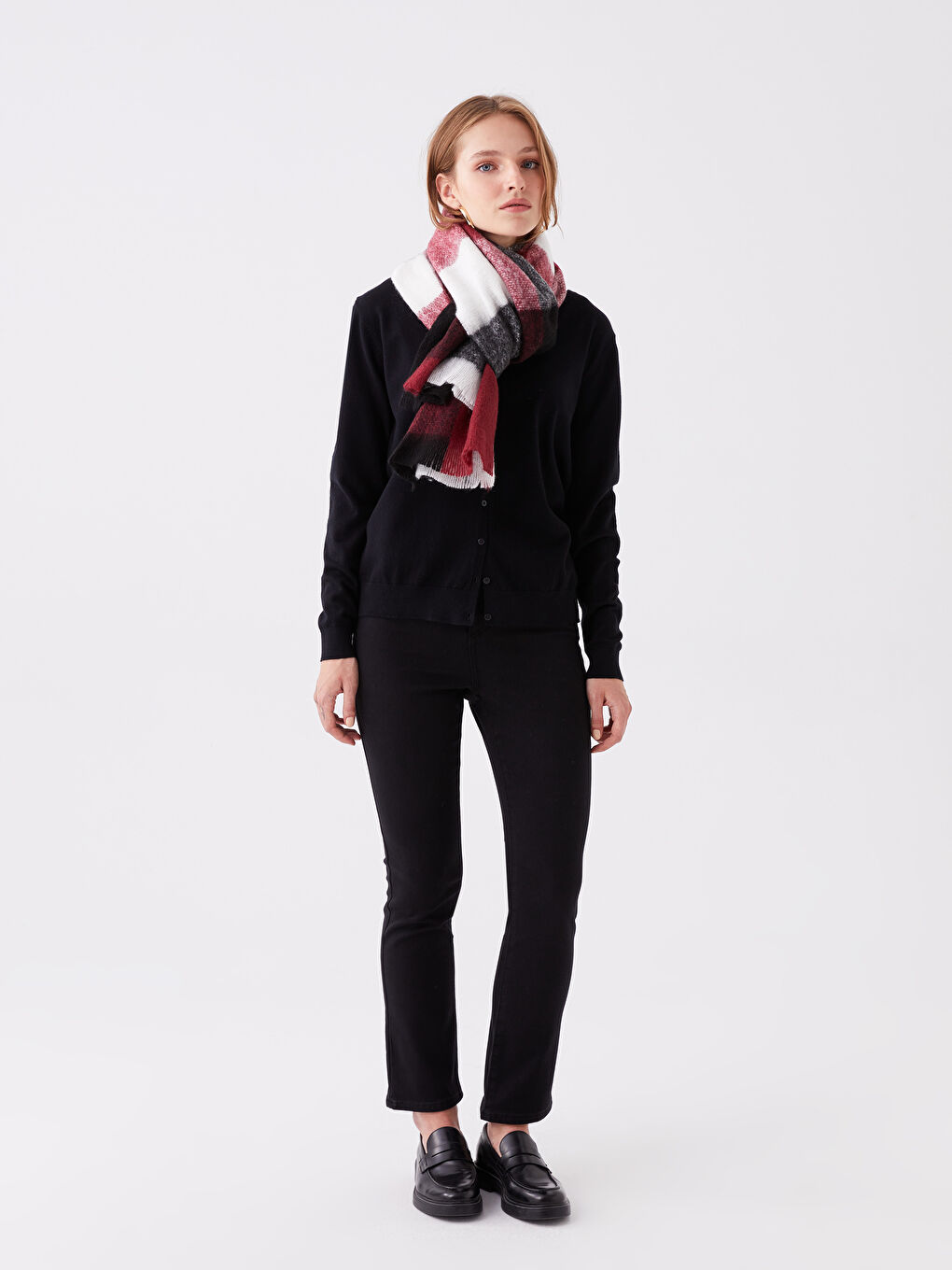 Bordo Renk Bloklu Kadın Atkı-1