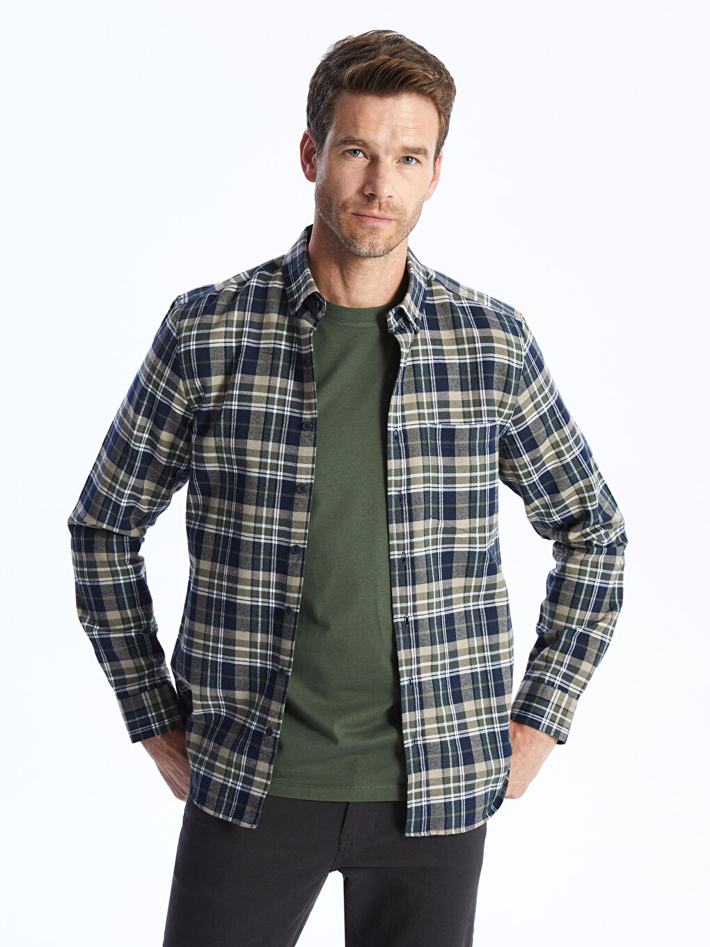 Yeşil Regular Fit Uzun Kollu Ekose Gabardin Erkek Gömlek