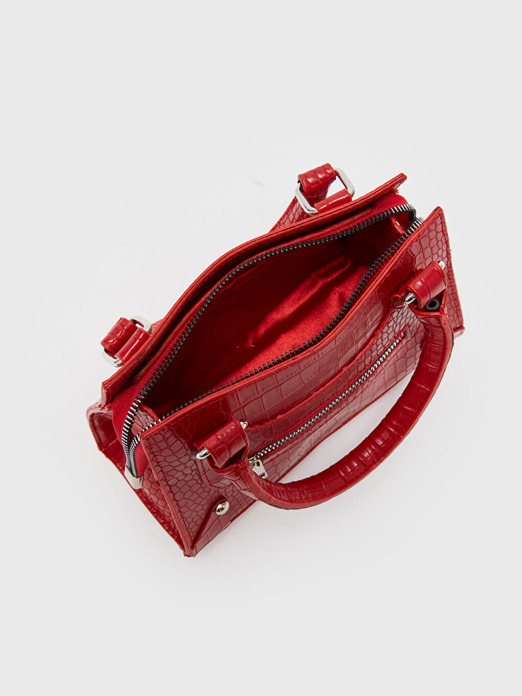 Kırmızı Deri Görünümlü Kroko Desenli Kadın El Çantası-5