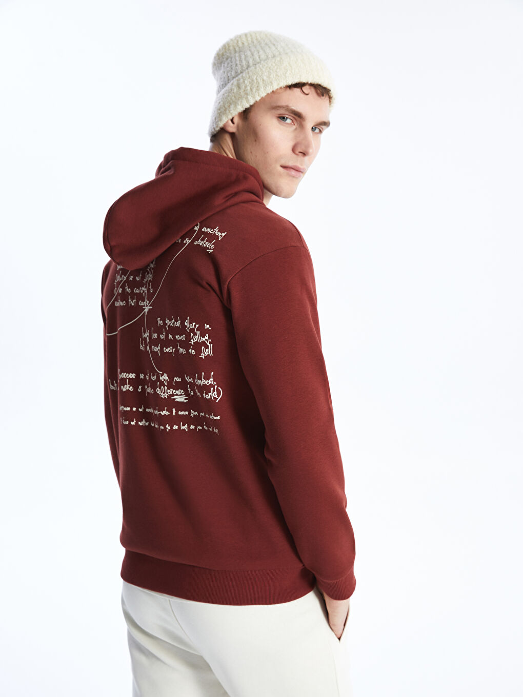 LCW Casual Bordo Uzun Kollu Baskılı Erkek Hoodie