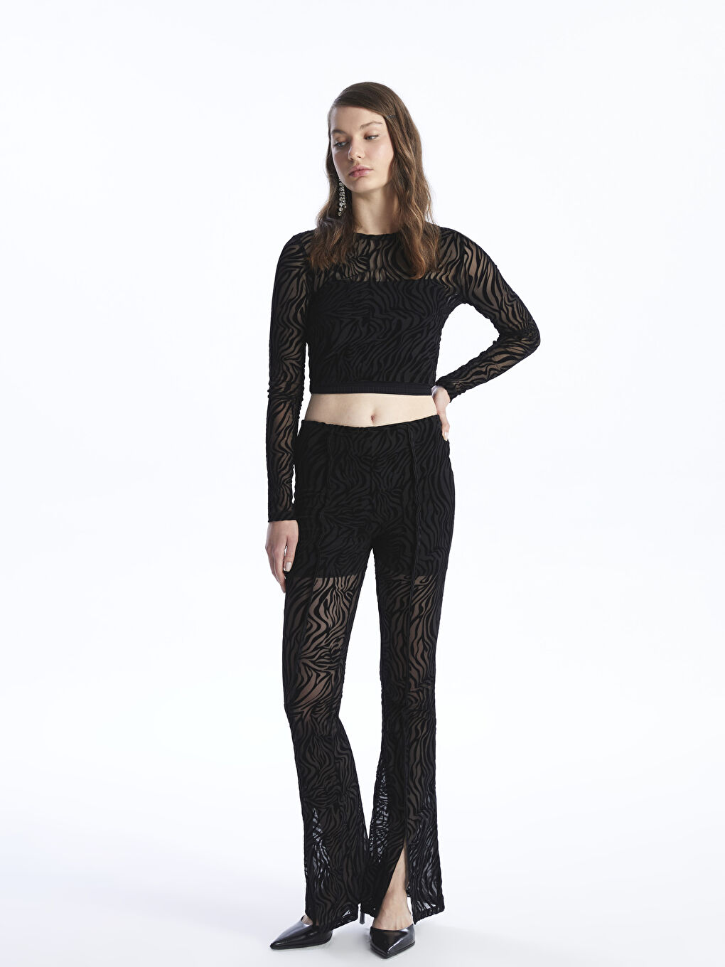 Siyah Ekstra Dar Fit Desenli Kadın Pantolon-1