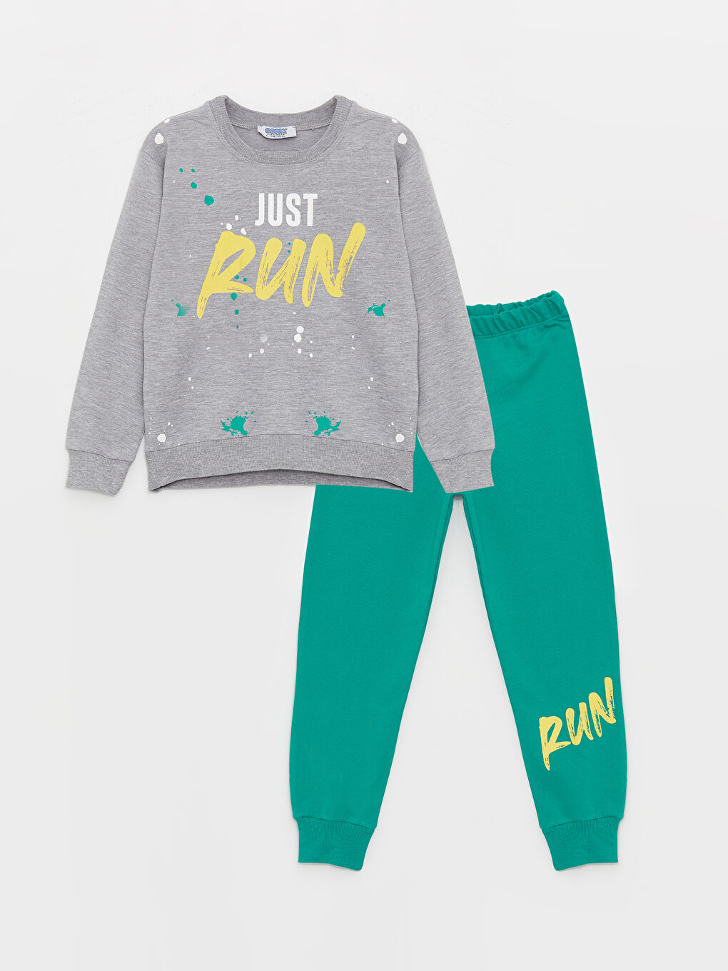 Gri Bisiklet Yaka Baskılı Uzun Kollu Erkek Çocuk Sweatshirt ve Eşofman Altı