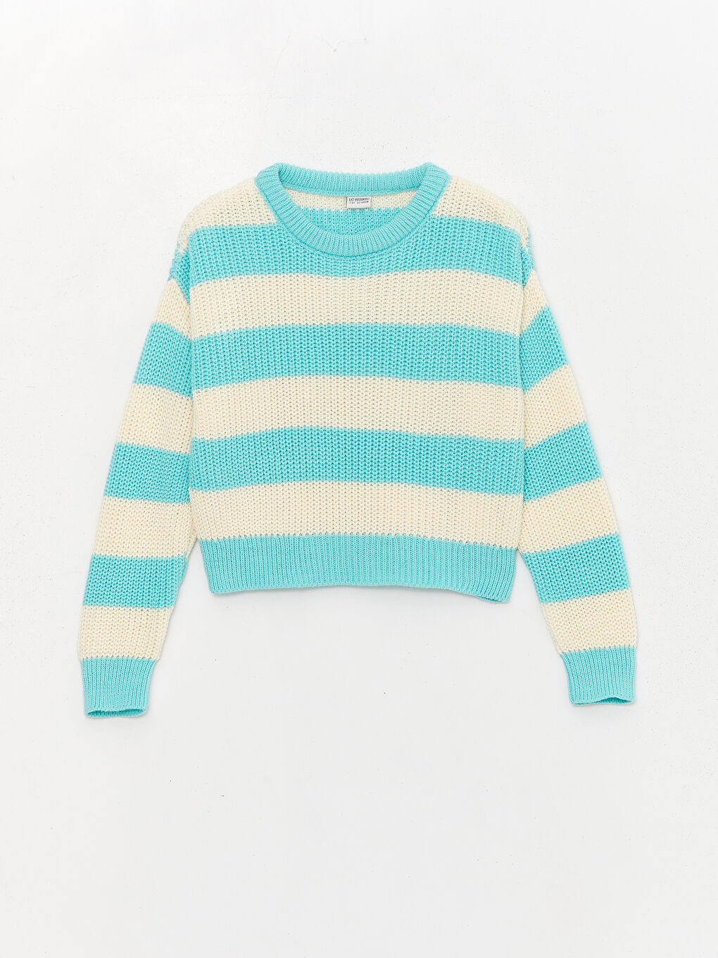 LCW Kids Pastel Yeşil Çizgili Bisiklet Yaka Çizgili Uzun Kollu Kız Çocuk Crop Triko Kazak - 3