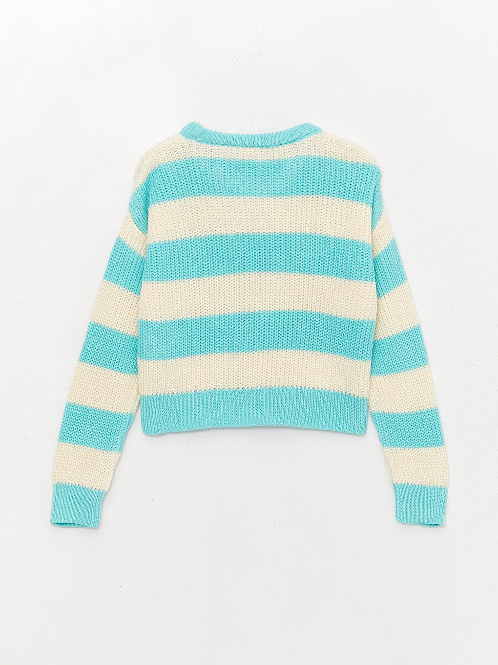 LCW Kids Pastel Yeşil Çizgili Bisiklet Yaka Çizgili Uzun Kollu Kız Çocuk Crop Triko Kazak - 4