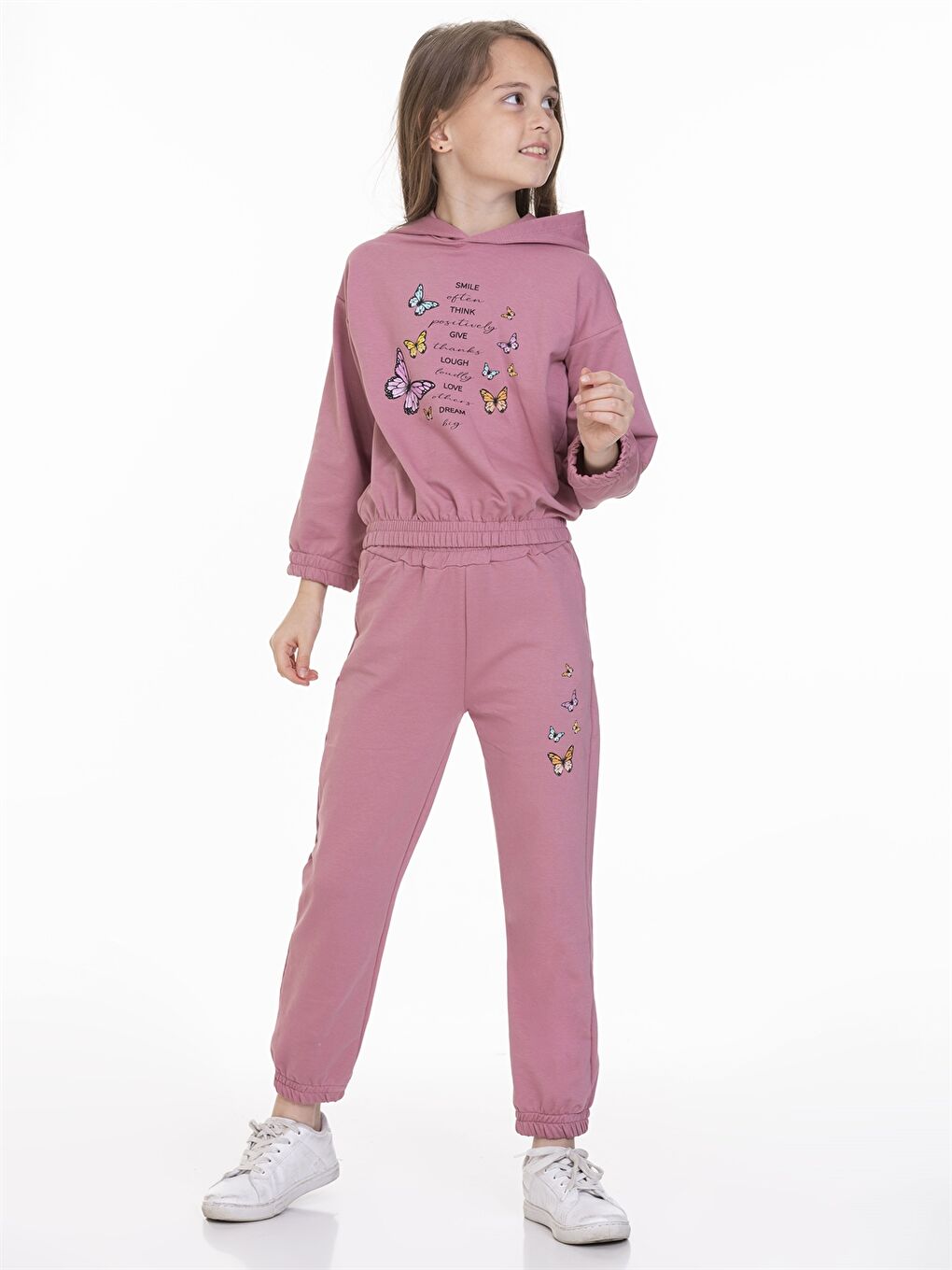 Pembe Kapüşonlu Baskılı Uzun Kollu Kız Çocuk Eşofman Takımı