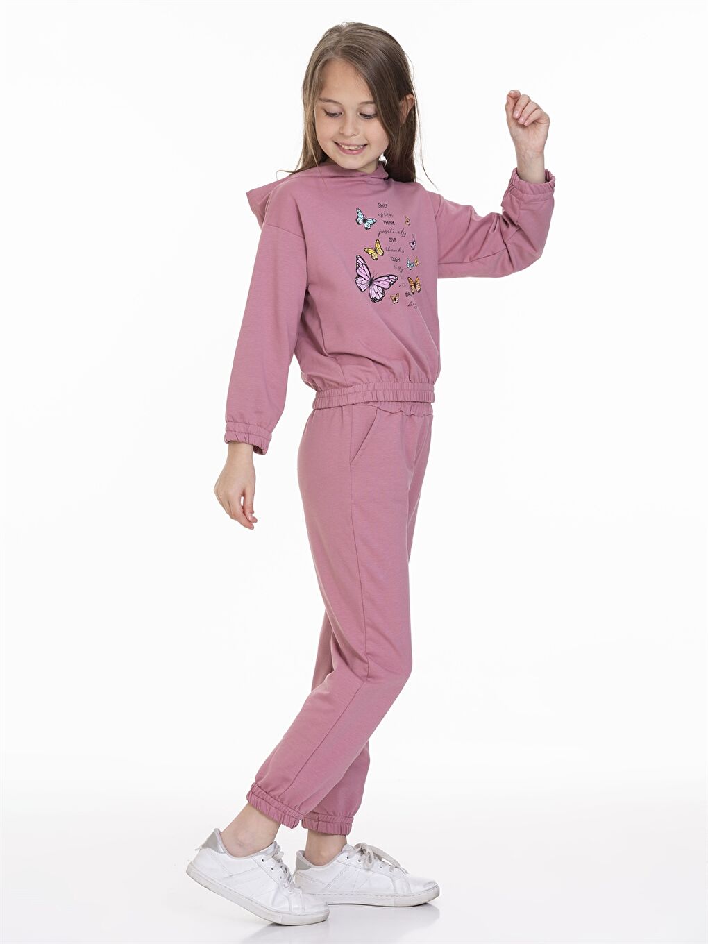 Pembe Kapüşonlu Baskılı Uzun Kollu Kız Çocuk Eşofman Takımı-1