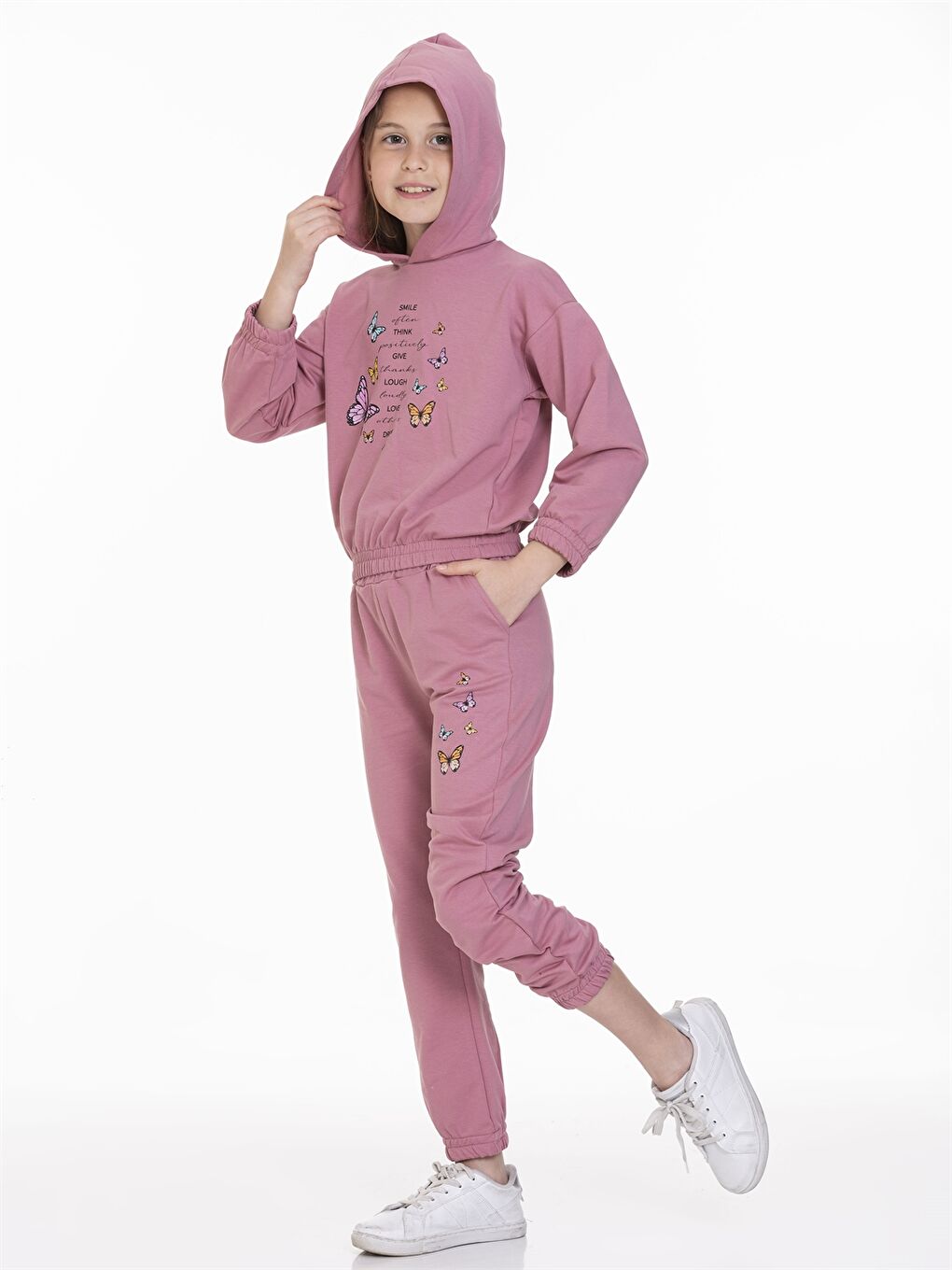 Pembe Kapüşonlu Baskılı Uzun Kollu Kız Çocuk Eşofman Takımı-2