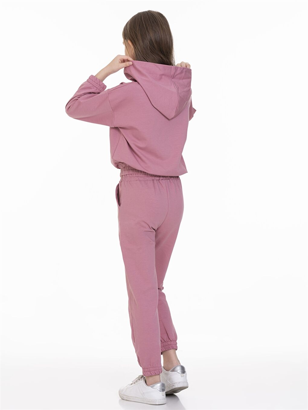 Pembe Kapüşonlu Baskılı Uzun Kollu Kız Çocuk Eşofman Takımı-3