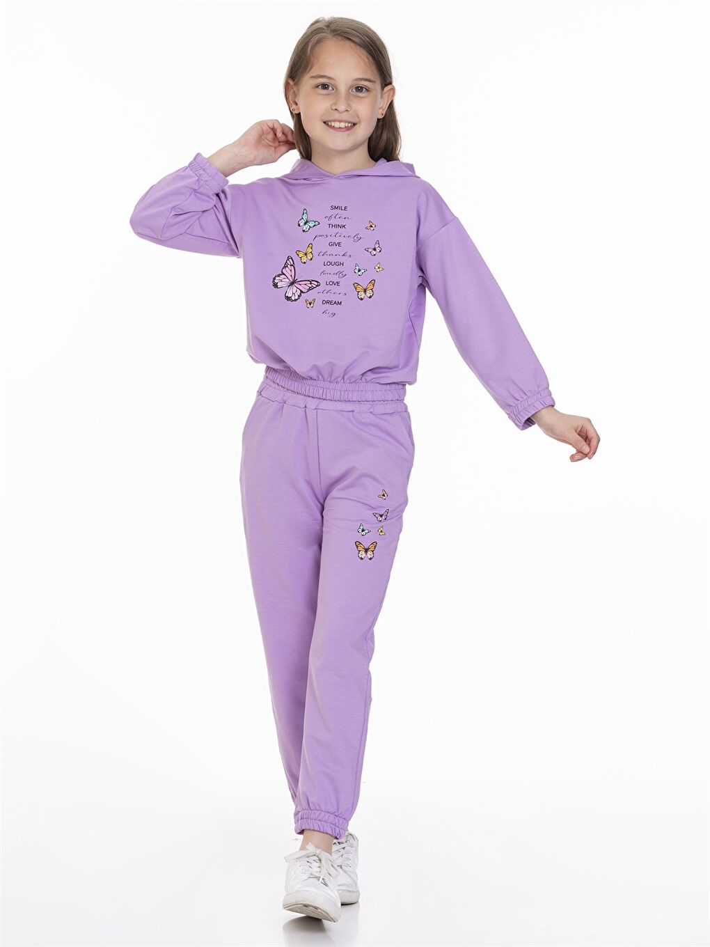Lila Kapüşonlu Baskılı Uzun Kollu Kız Çocuk Eşofman Takımı