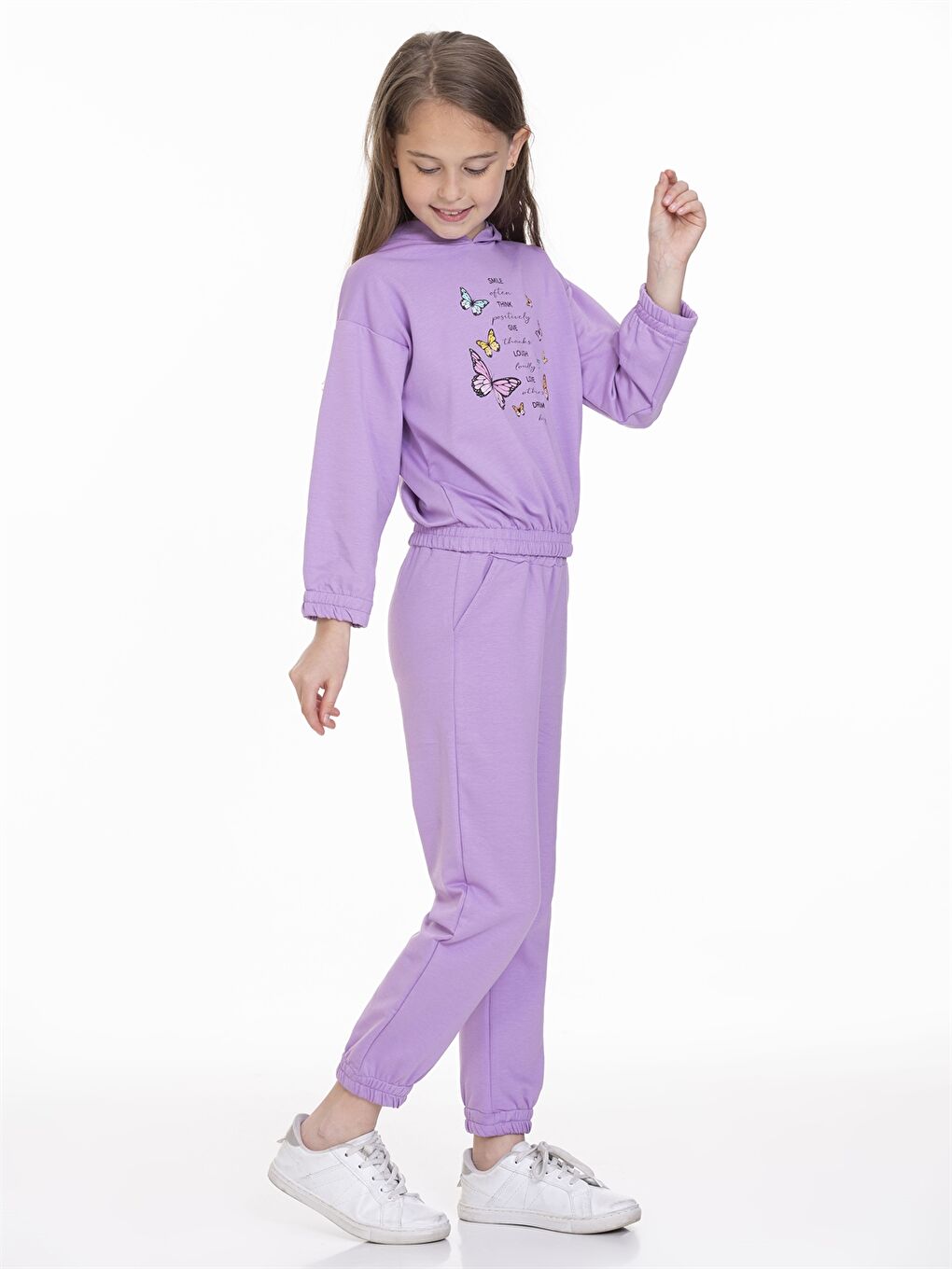 Lila Kapüşonlu Baskılı Uzun Kollu Kız Çocuk Eşofman Takımı-1