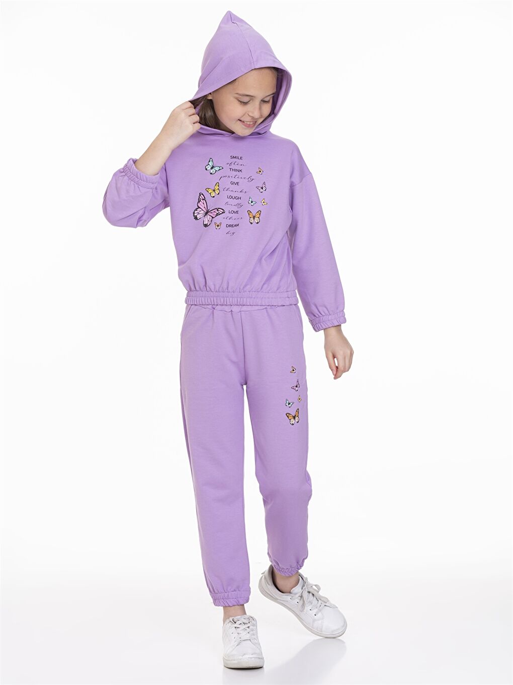 Lila Kapüşonlu Baskılı Uzun Kollu Kız Çocuk Eşofman Takımı-3