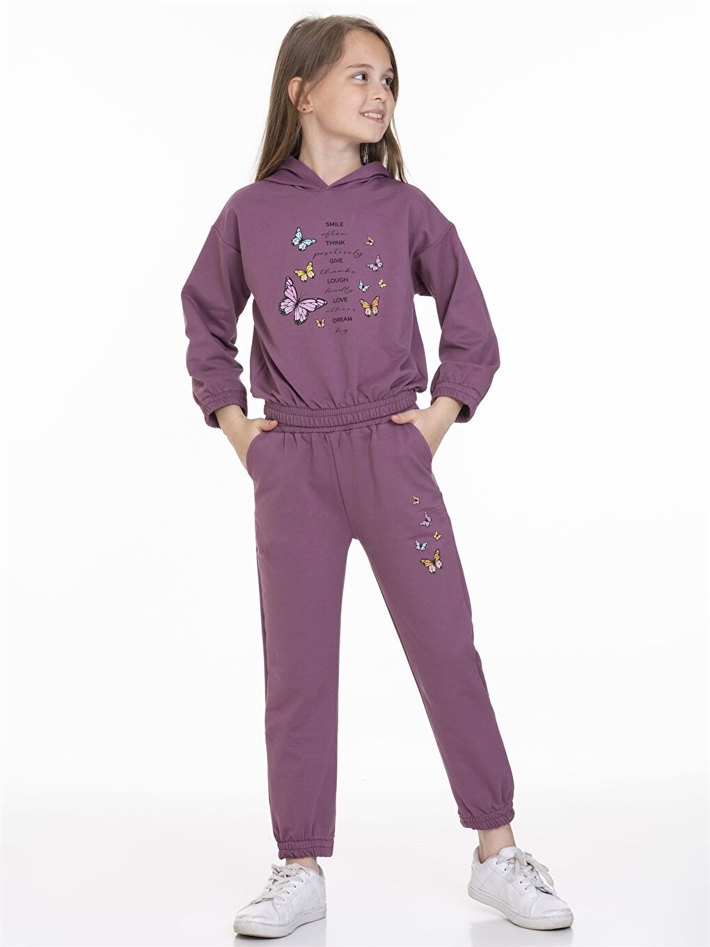 Mor Kapüşonlu Baskılı Uzun Kollu Kız Çocuk Eşofman Takımı