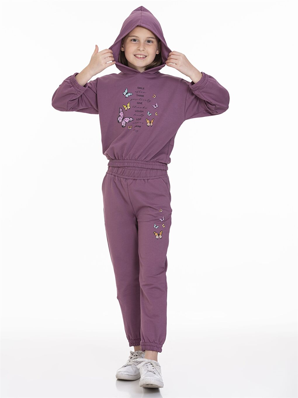 Mor Kapüşonlu Baskılı Uzun Kollu Kız Çocuk Eşofman Takımı-3