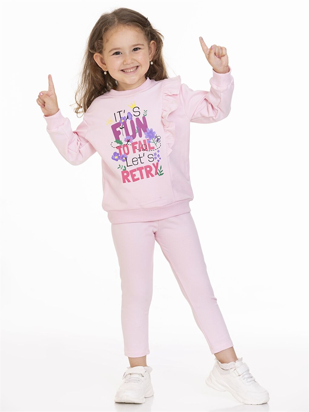 Pembe Bisiklet Yaka Uzun Kollu Baskılı Kız Bebek Sweatshirt ve Tayt 2'li Takım