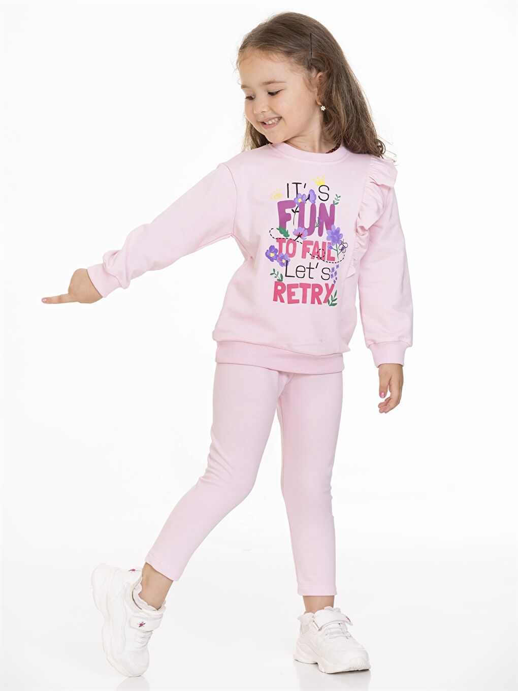 Pembe Bisiklet Yaka Uzun Kollu Baskılı Kız Bebek Sweatshirt ve Tayt 2'li Takım-1