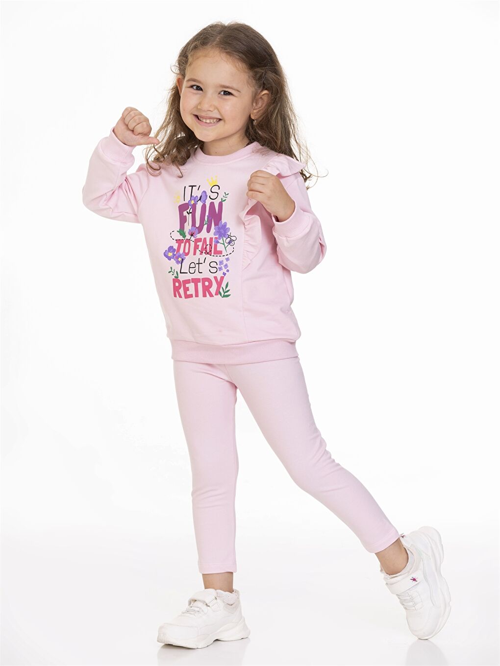 Pembe Bisiklet Yaka Uzun Kollu Baskılı Kız Bebek Sweatshirt ve Tayt 2'li Takım-3