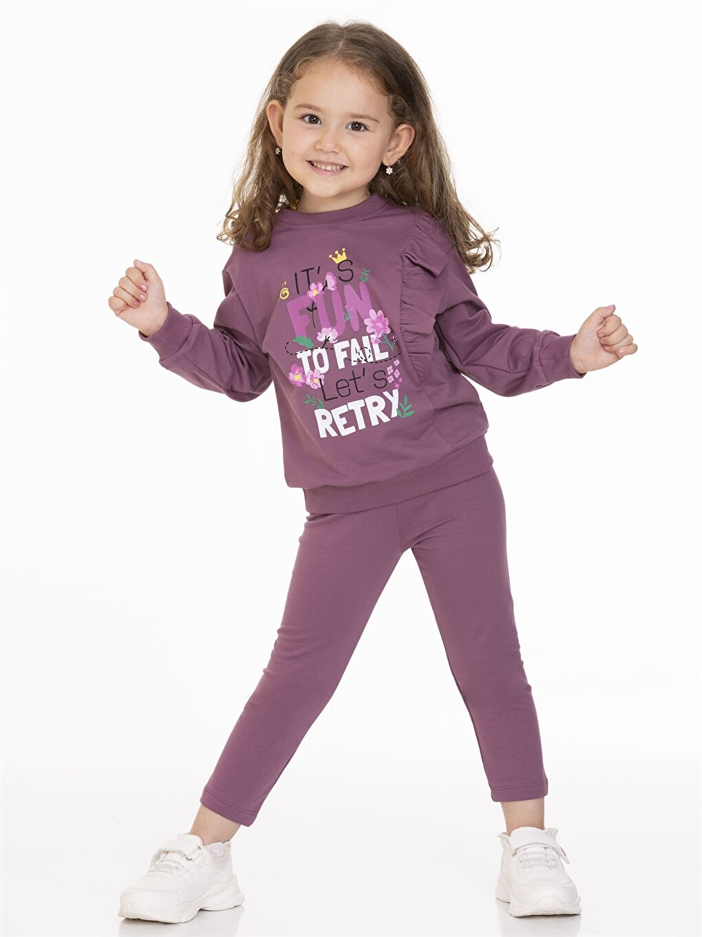 Mor Bisiklet Yaka Uzun Kollu Baskılı Kız Bebek Sweatshirt ve Tayt 2'li Takım-1