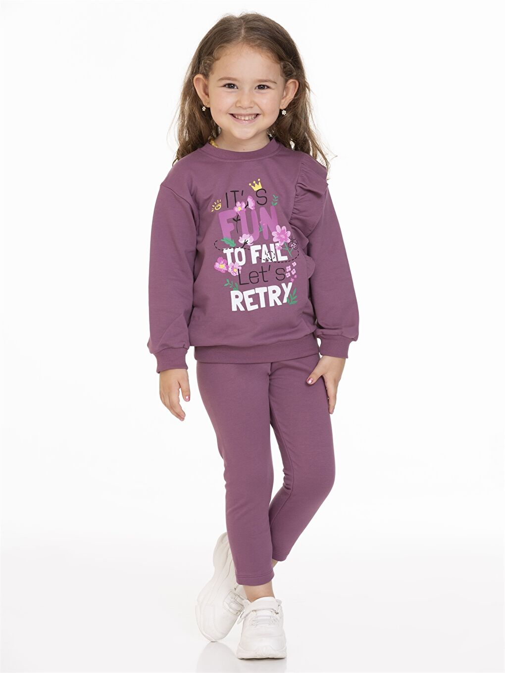 Mor Bisiklet Yaka Uzun Kollu Baskılı Kız Bebek Sweatshirt ve Tayt 2'li Takım-2