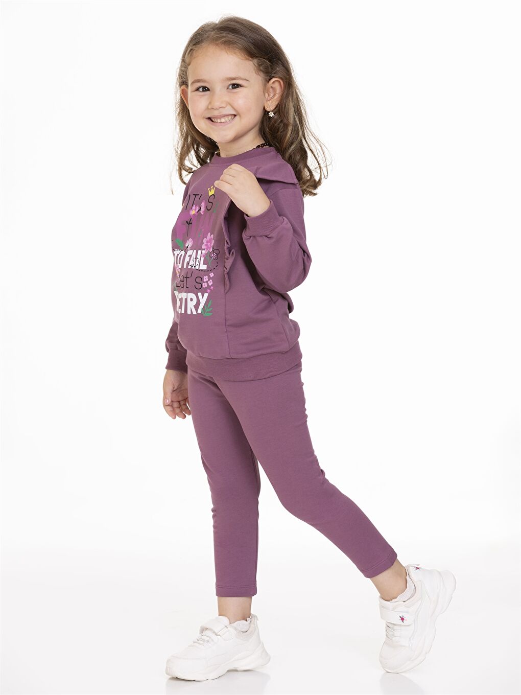 Mor Bisiklet Yaka Uzun Kollu Baskılı Kız Bebek Sweatshirt ve Tayt 2'li Takım-3