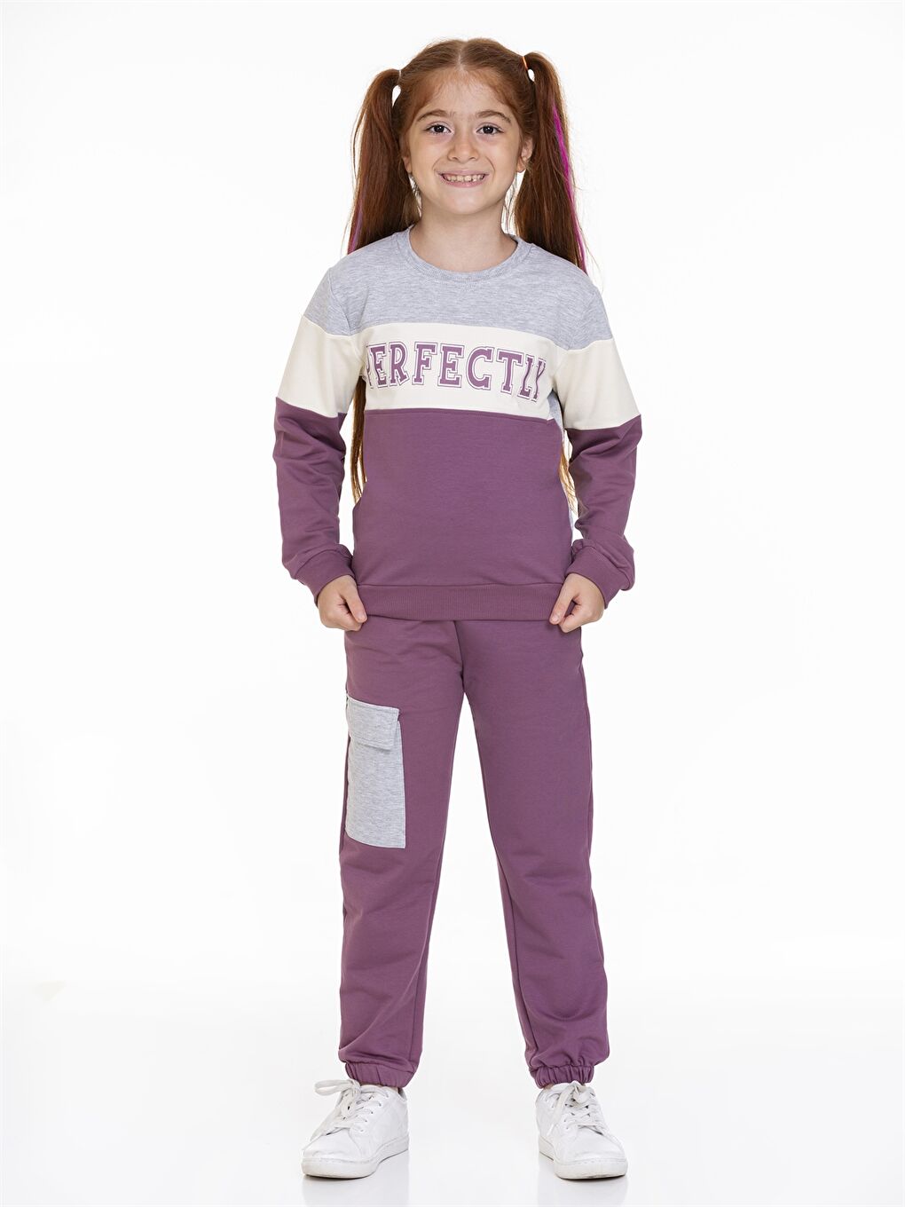 Mor Bisiklet Yaka Baskılı Uzun Kollu Kız Çocuk Sweatshirt ve Eşofman Altı