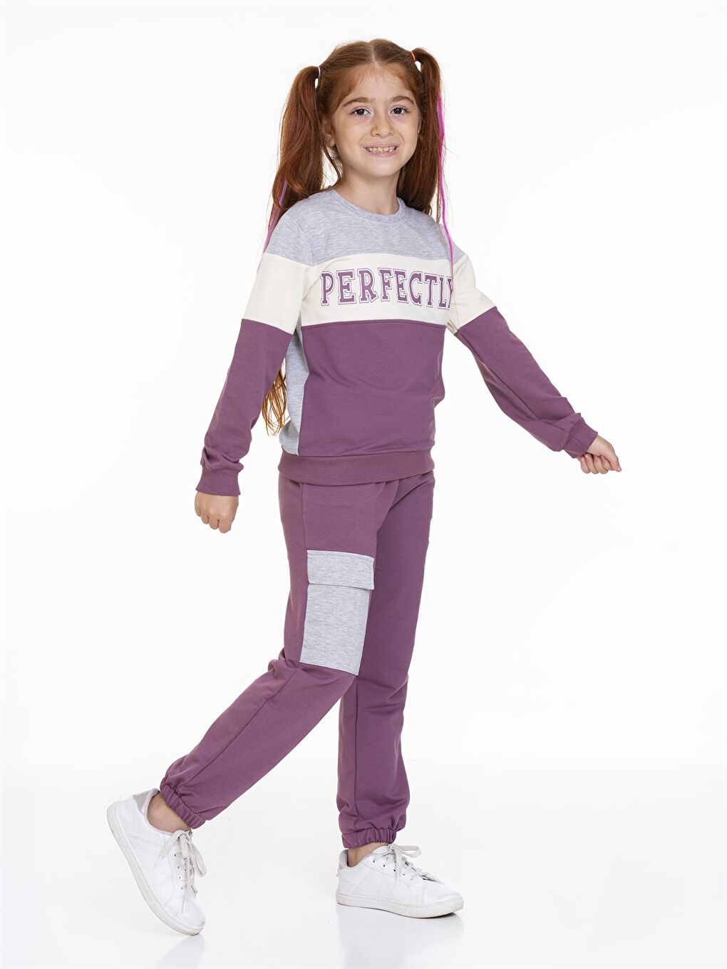 Mor Bisiklet Yaka Baskılı Uzun Kollu Kız Çocuk Sweatshirt ve Eşofman Altı-2