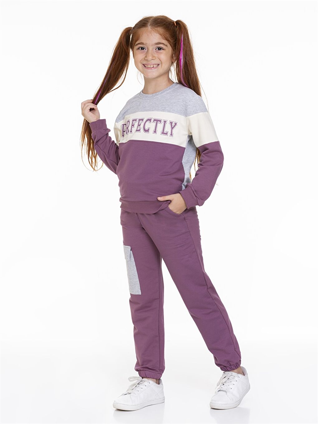 Mor Bisiklet Yaka Baskılı Uzun Kollu Kız Çocuk Sweatshirt ve Eşofman Altı-3