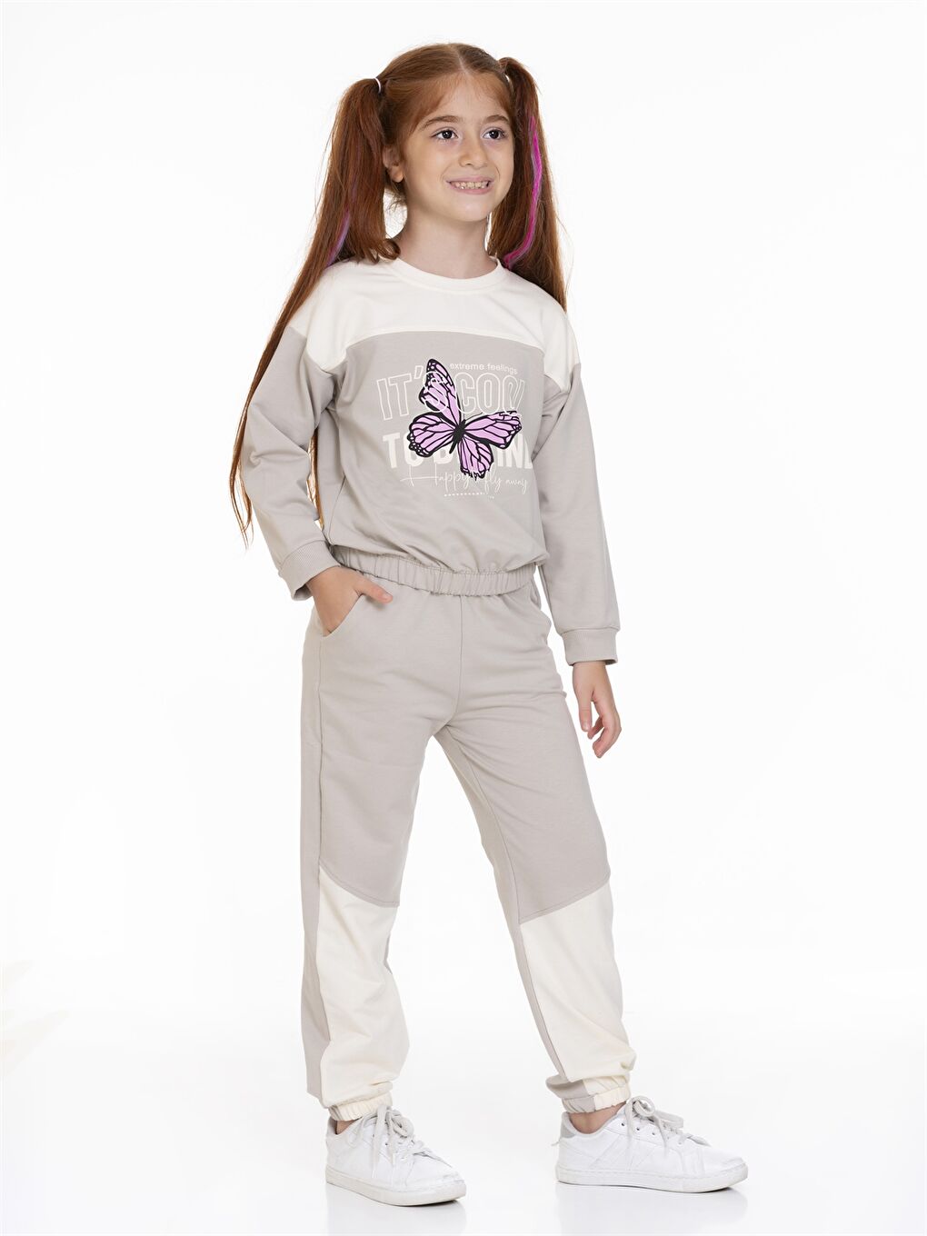 Bej Bisiklet Yaka Uzun Kollu Kız Çocuk Sweatshirt ve Eşofman Altı