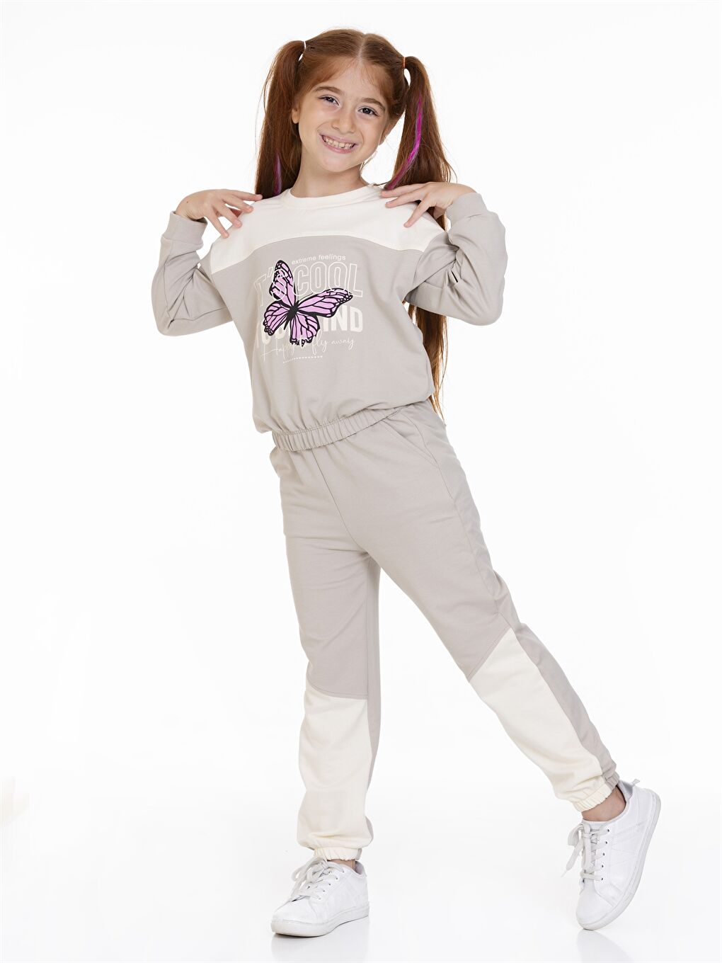 Bej Bisiklet Yaka Uzun Kollu Kız Çocuk Sweatshirt ve Eşofman Altı-1