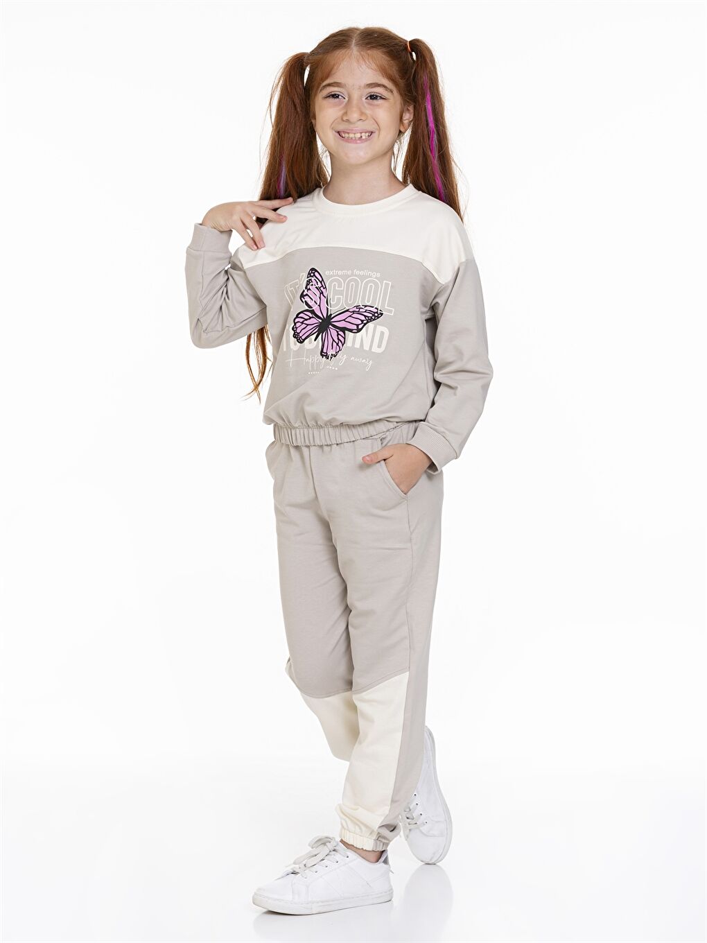 Bej Bisiklet Yaka Uzun Kollu Kız Çocuk Sweatshirt ve Eşofman Altı-2