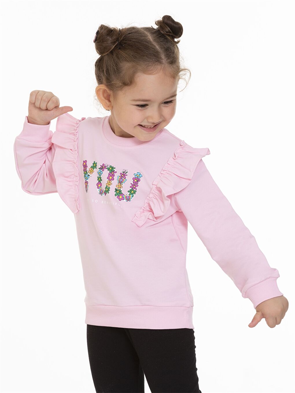 Myhanne Pembe Bisiklet Yaka Uzun Kollu Baskılı Kız Bebek Sweatshirt - 1