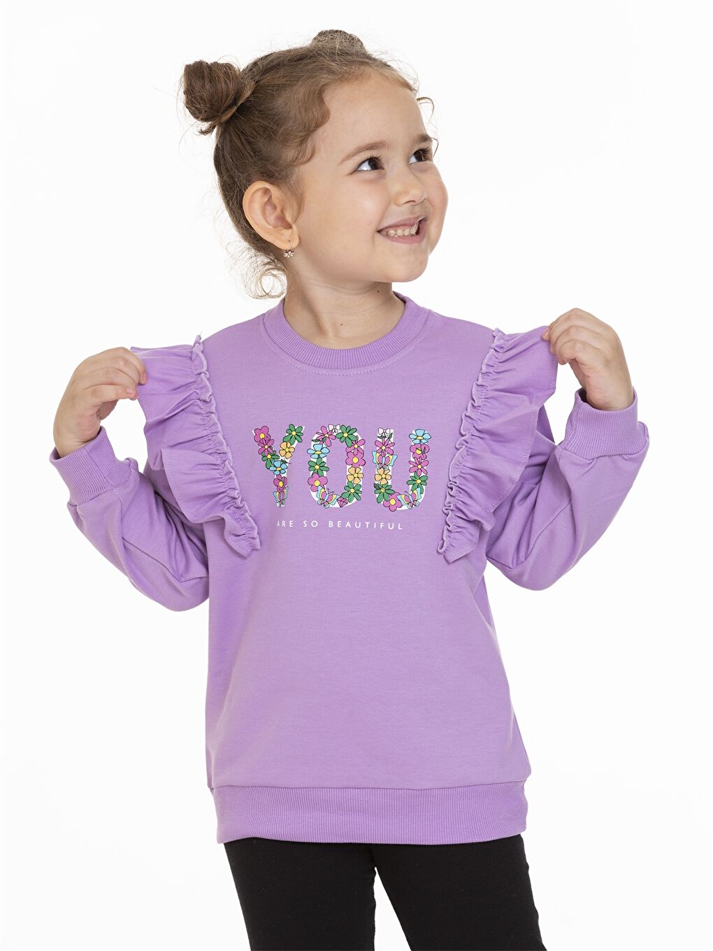 Myhanne Lila Bisiklet Yaka Uzun Kollu Baskılı Kız Bebek Sweatshirt