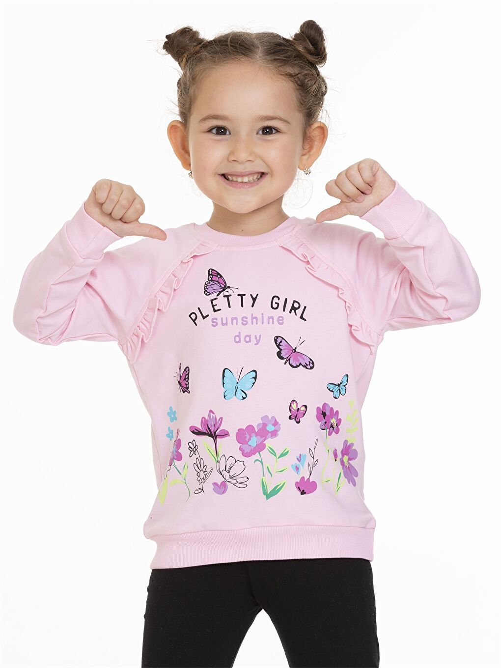 Myhanne Pembe Bisiklet Yaka Uzun Kollu Baskılı Kız Bebek Sweatshirt