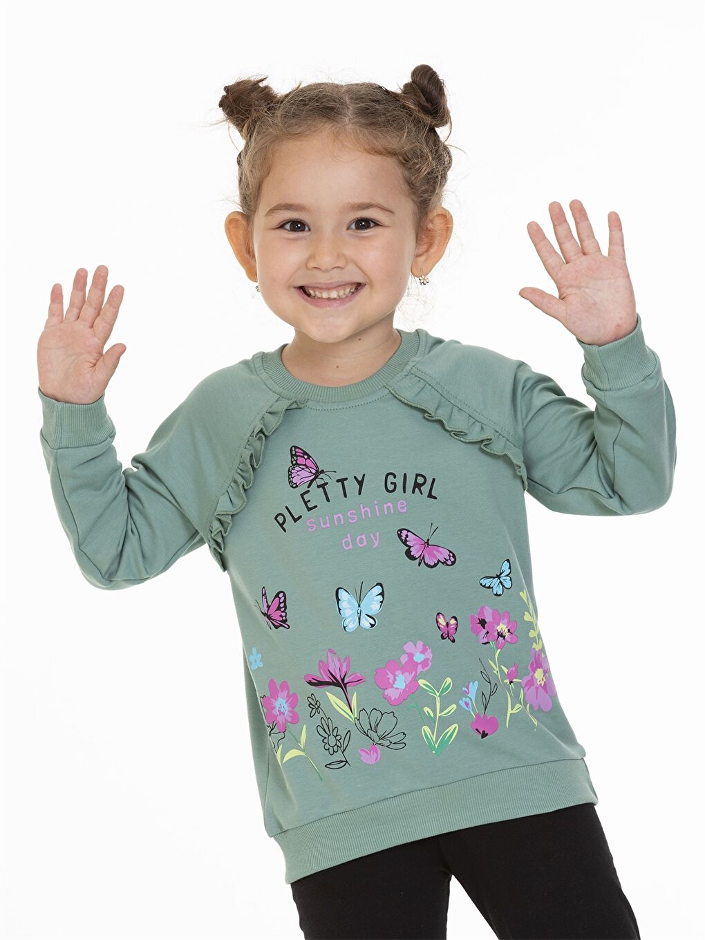 Myhanne Çağla Yeşili Bisiklet Yaka Uzun Kollu Baskılı Kız Bebek Sweatshirt