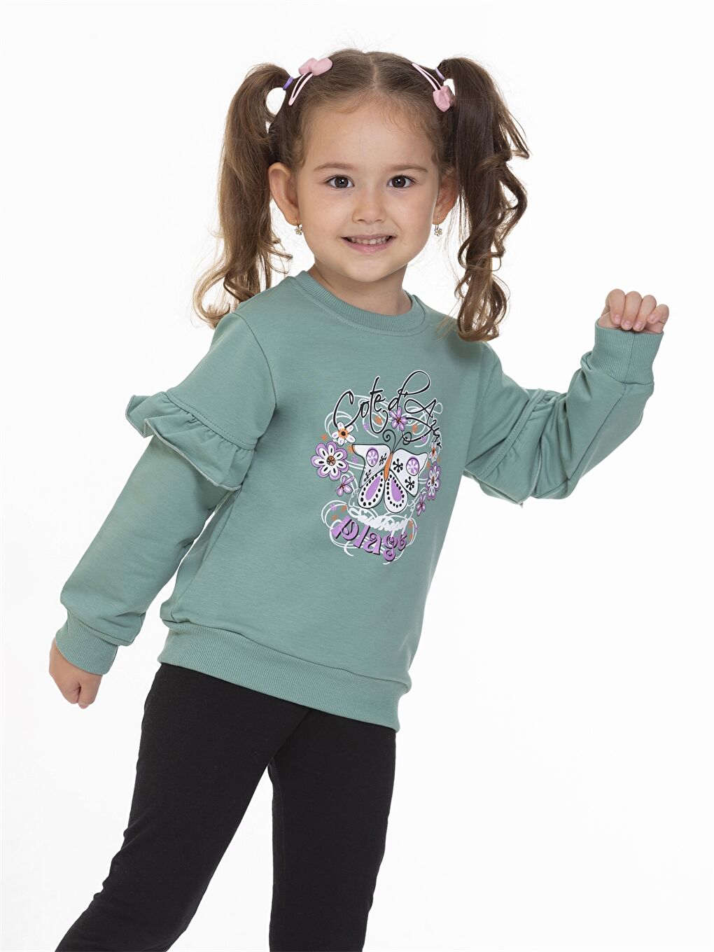 Myhanne Çağla Yeşili Bisiklet Yaka Uzun Kollu Baskılı Kız Bebek Sweatshirt - 2