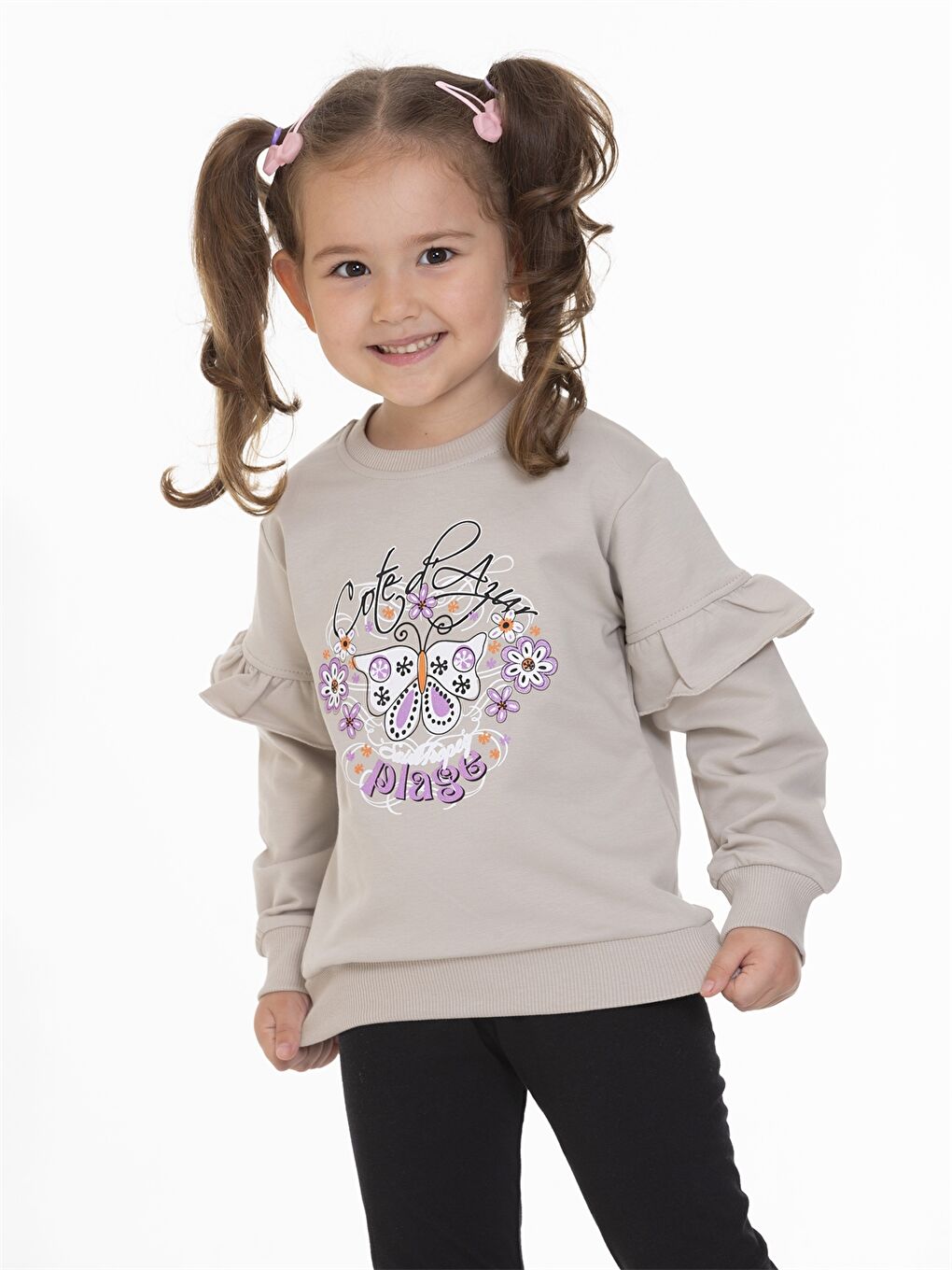 Myhanne Bej Bisiklet Yaka Uzun Kollu Baskılı Kız Bebek Sweatshirt - 2