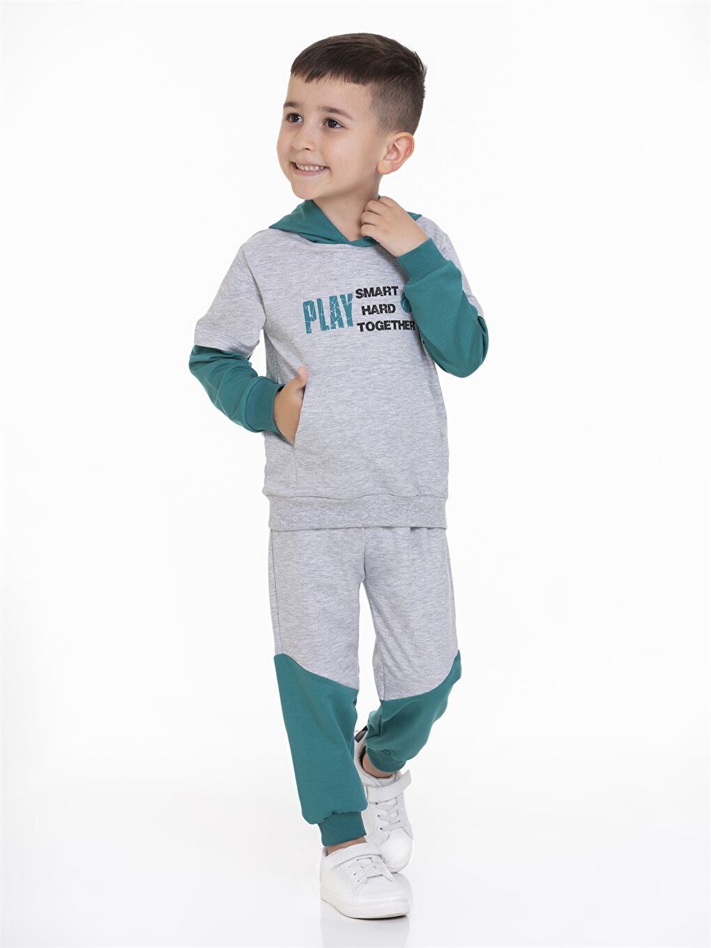 Yeşil Kapüşonlu Erkek Bebek Sweatshirt ve Eşofman Alt 2'li Takım