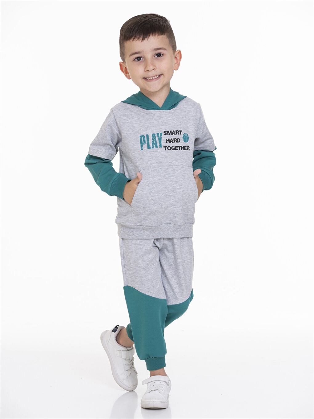 Yeşil Kapüşonlu Erkek Bebek Sweatshirt ve Eşofman Alt 2'li Takım-1