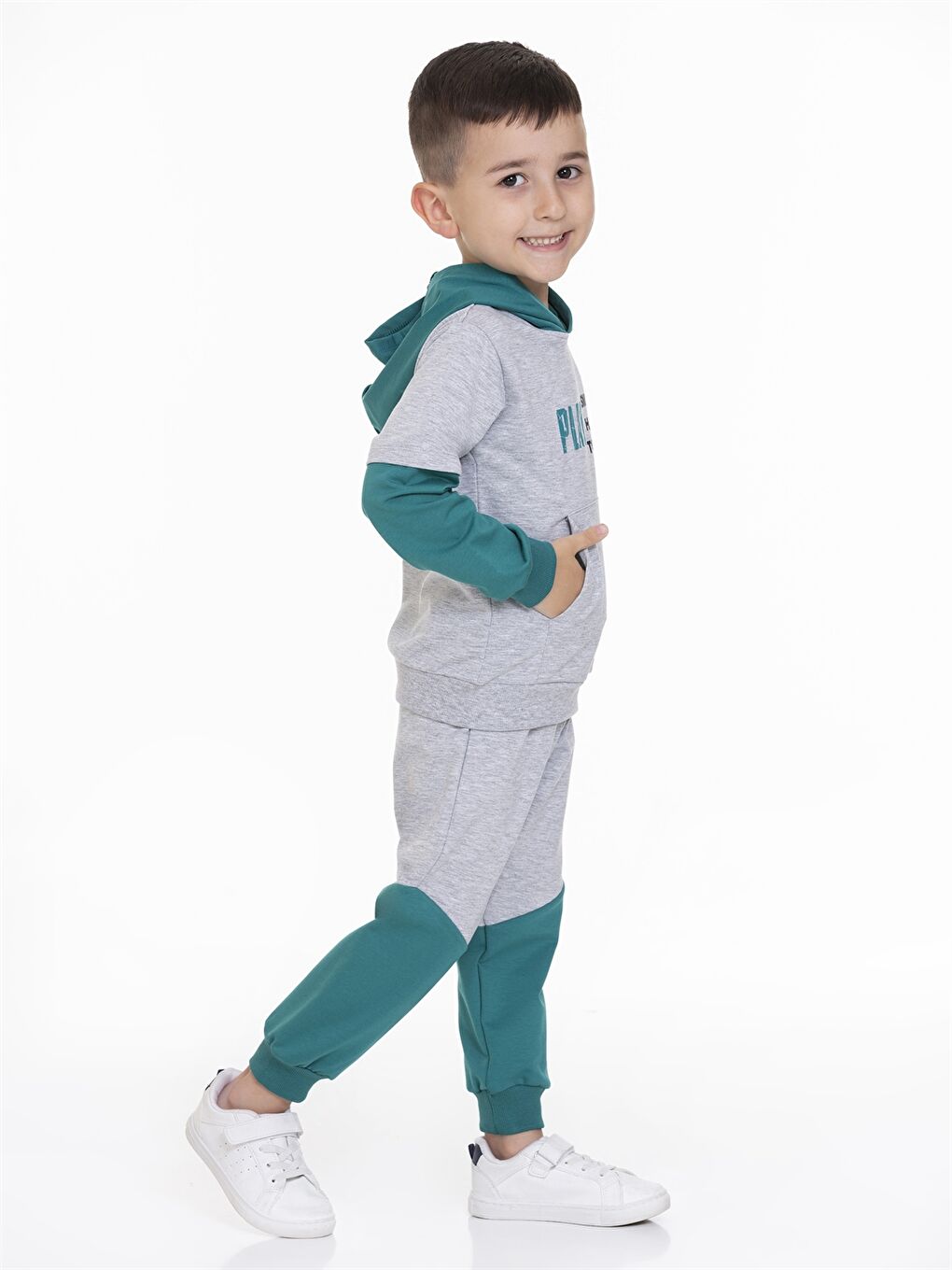 Yeşil Kapüşonlu Erkek Bebek Sweatshirt ve Eşofman Alt 2'li Takım-2