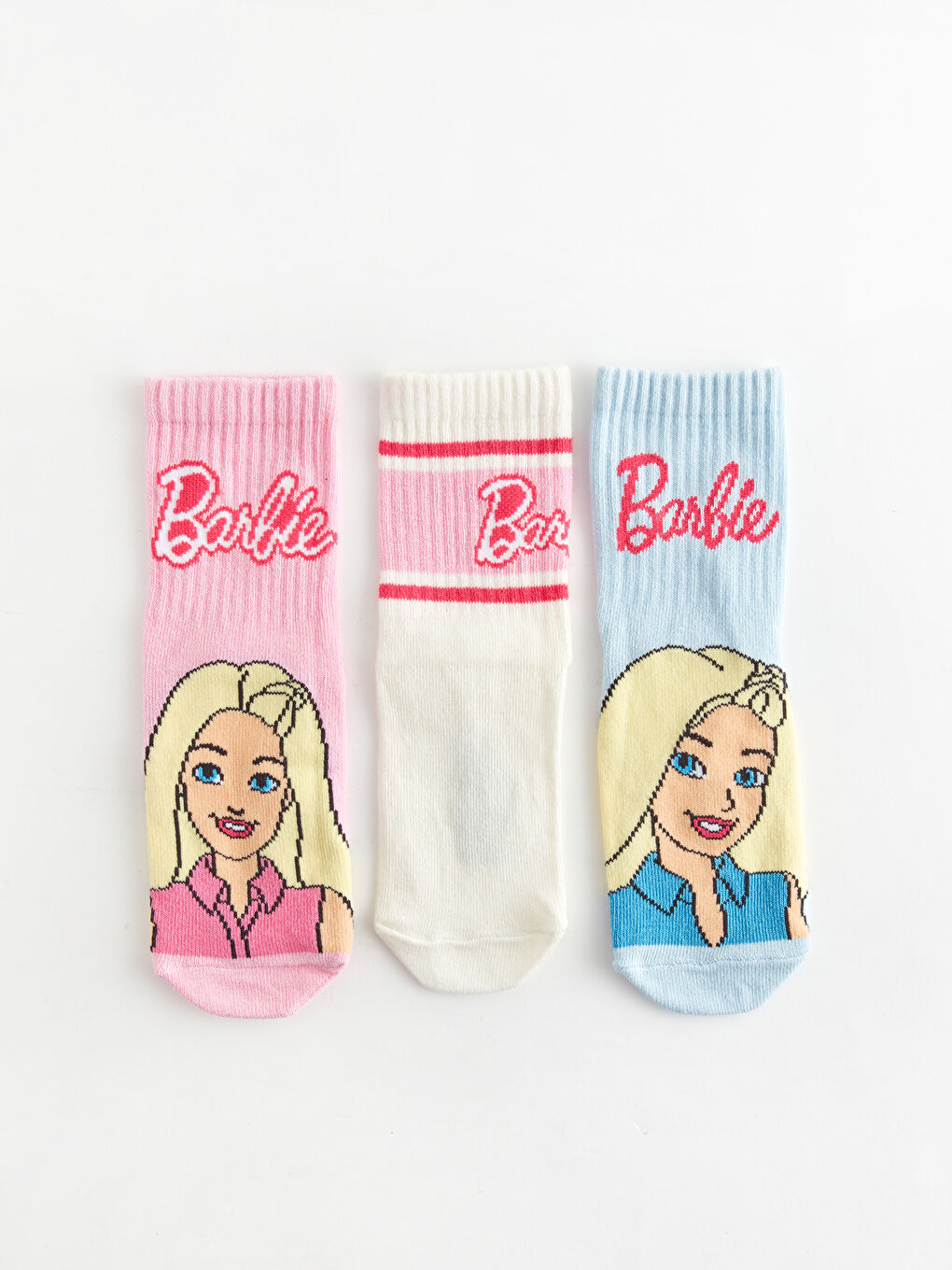 Pembe Barbie Desenli Kız Çocuk Soket Çorap 3'lü