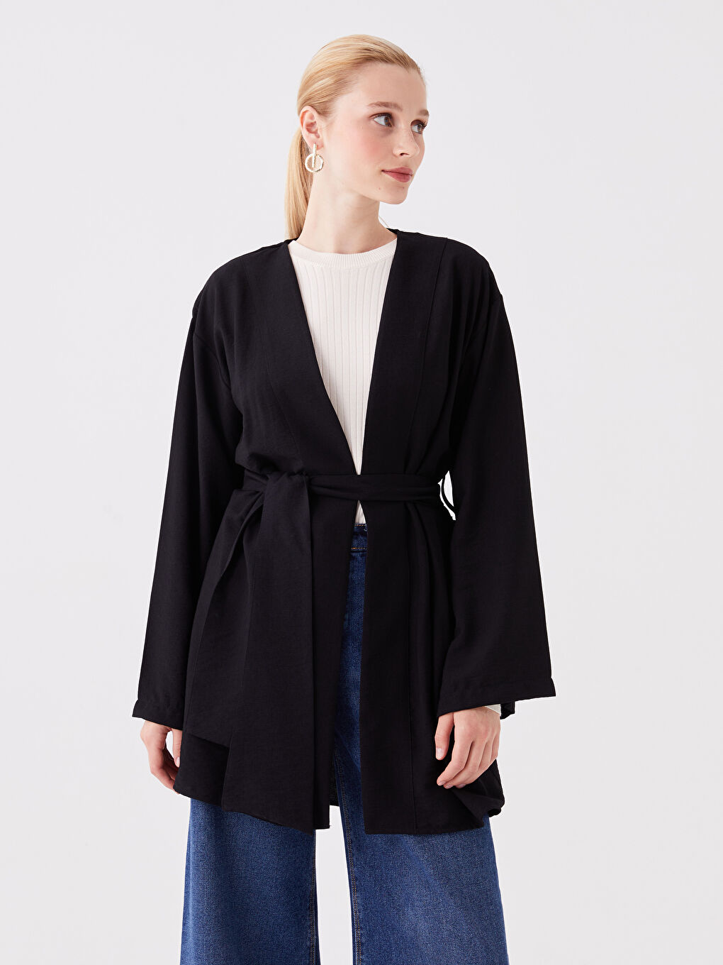 LCW Modest Siyah Şal Yaka Düz Uzun Kollu Oversize Kadın Kimono - 1