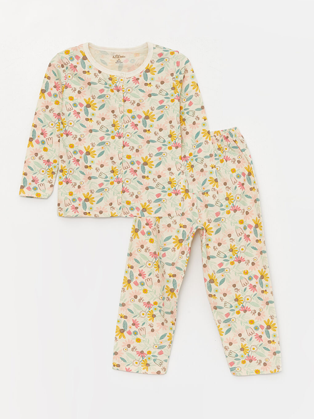 Ekru Bisiklet Yaka Baskılı Kız Bebek Pijama Takımı