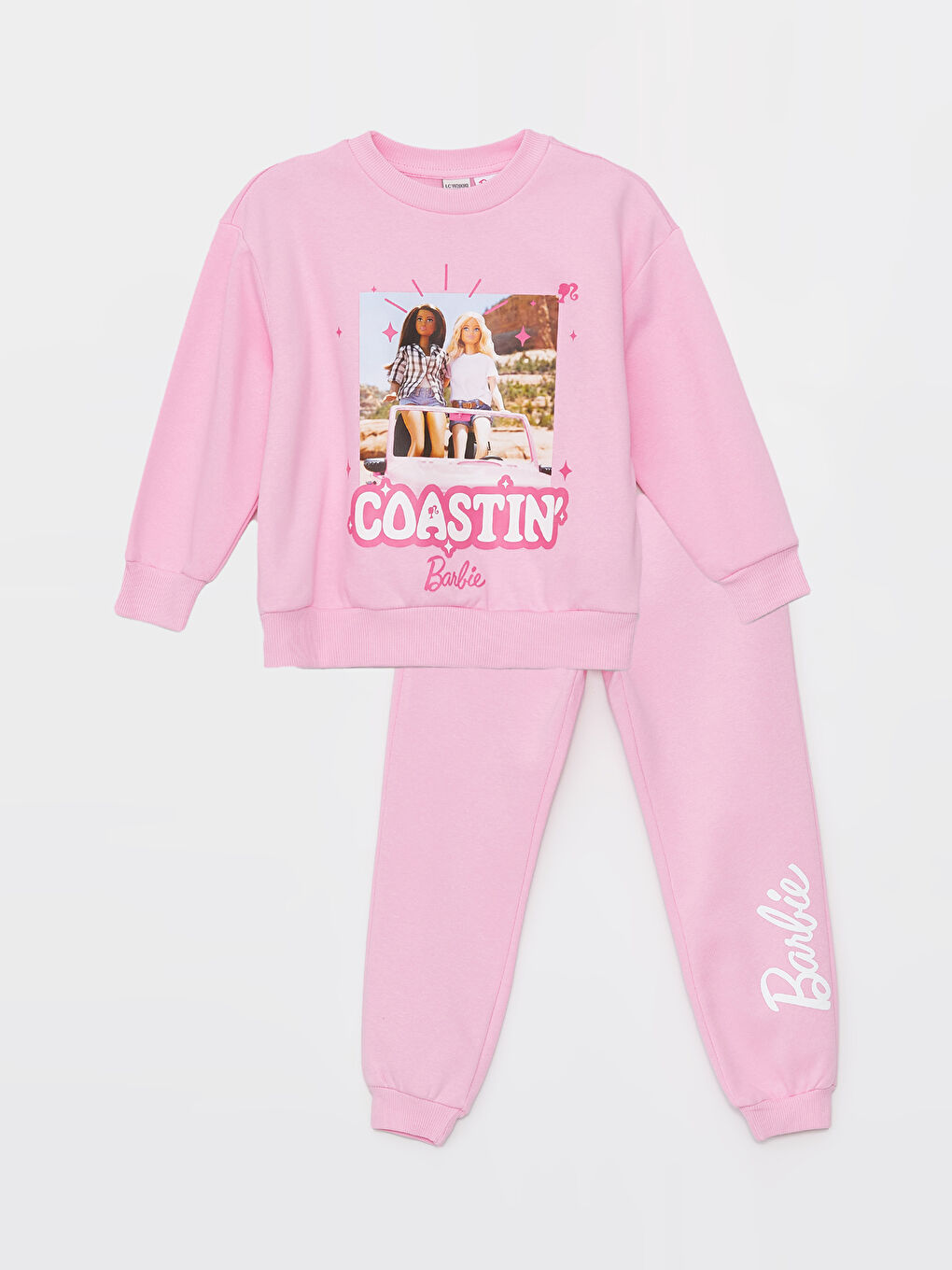 LCW Kids Pembe Bisiklet Yaka Barbie Baskılı Uzun Kollu Kız Çocuk Sweatshirt ve Eşofman Altı