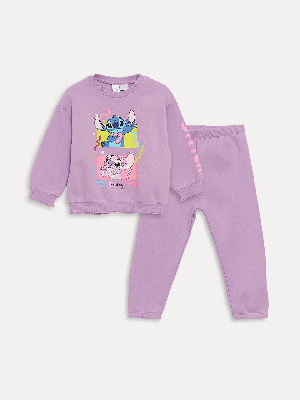 LCW baby Koyu Lila Bisiklet Yaka Uzun Kollu Lilo ve Stitch Baskılı Kız Bebek Sweatshirt ve Eşofman Altı