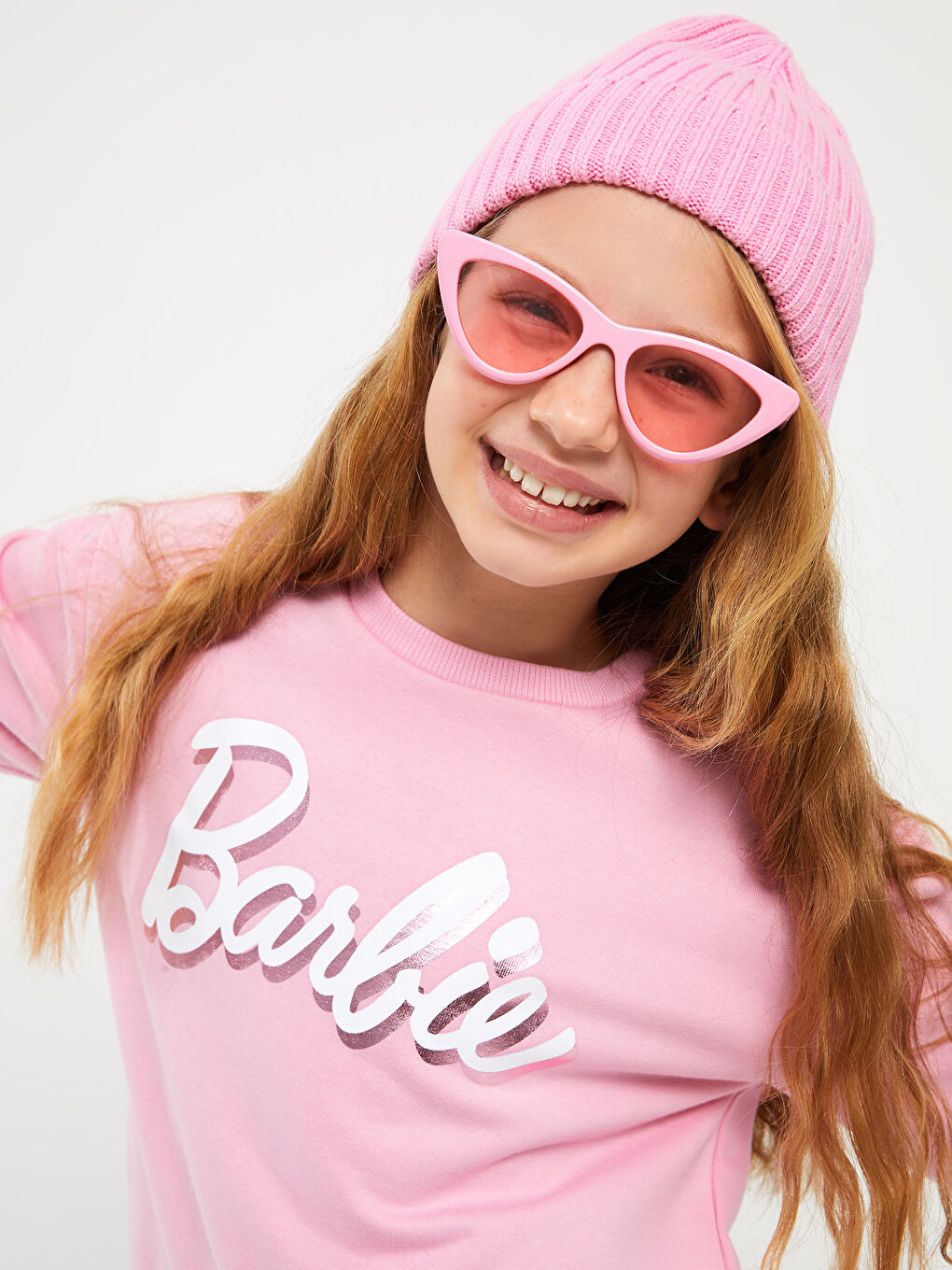 LCW Kids Pembe Leylak Bisiklet Yaka Barbie Baskılı Uzun Kollu Kız Çocuk Sweatshirt