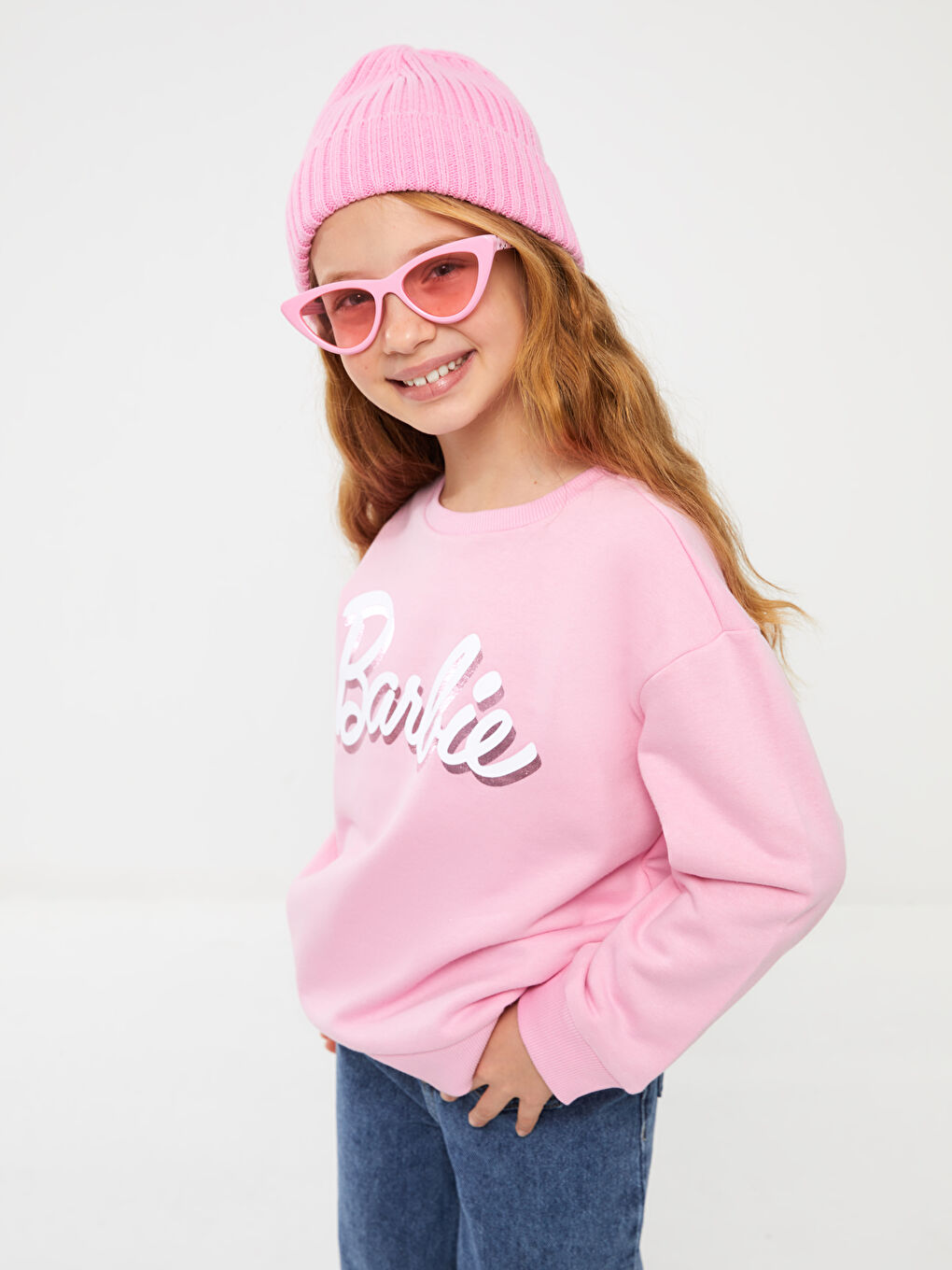 LCW Kids Pembe Leylak Bisiklet Yaka Barbie Baskılı Uzun Kollu Kız Çocuk Sweatshirt - 1